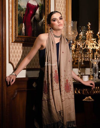 Pashtush India Womens Stoles and Scarves Scarf Pashtush womens Fine Wool Stole, Kashmiri Booti Embroidery Needlework design, Beige