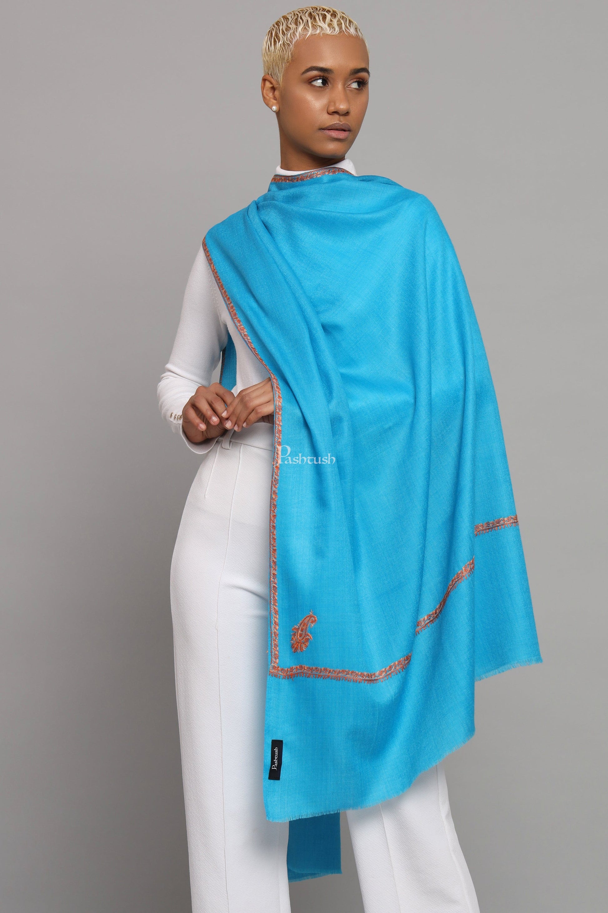 Pashtush India Womens Stoles Pashtush Womens Fine Wool Stole, Kashmiri Hand Embroidery, Kingri Design, Arabic Sea Blue