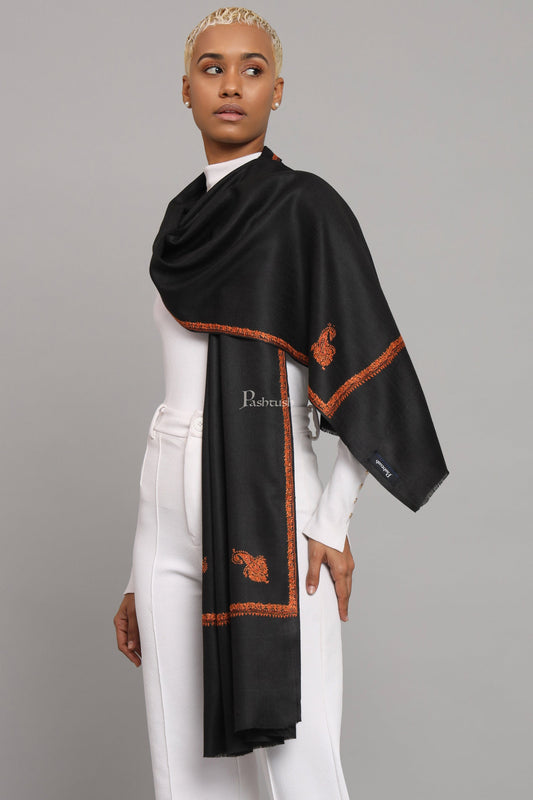 Pashtush India Womens Stoles Pashtush Womens Fine Wool Stole, Kashmiri Hand Embroidery, Kingri Design, Black