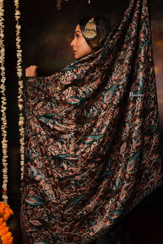 Pashtush India Womens Stoles Pashtush Womens Fine Wool Stole, Nalki Embroidery Design, Black