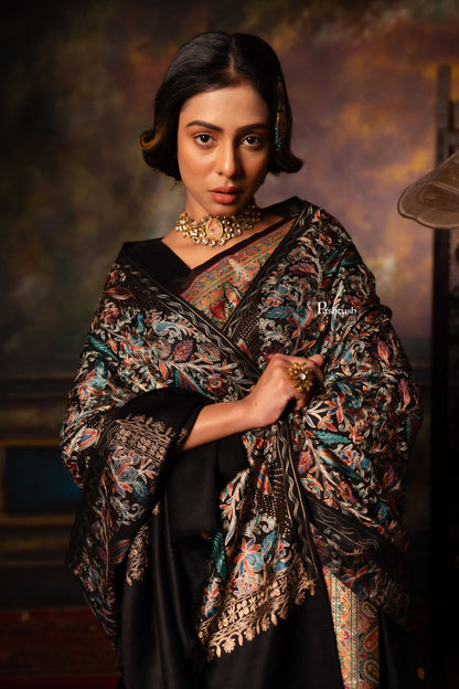 Pashtush India Womens Stoles Pashtush Womens Fine Wool Stole, Nalki Embroidery Design, Black