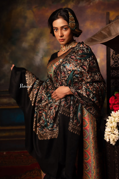 Pashtush India Womens Stoles Pashtush Womens Fine Wool Stole, Nalki Embroidery Design, Black