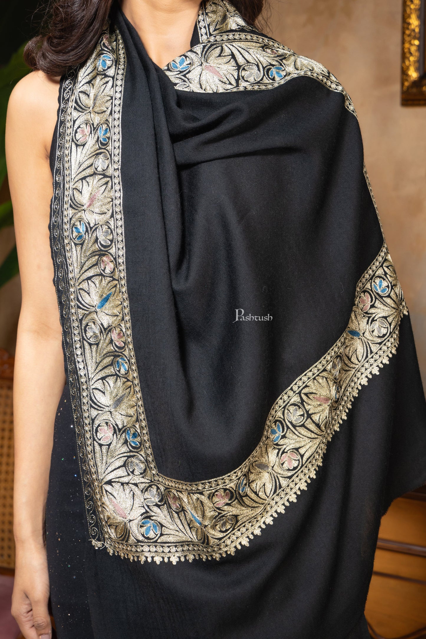 Pashtush India Womens Stoles and Scarves Scarf Pashtush Womens Fine Wool Stole, Nalki Embroidery Design, Black