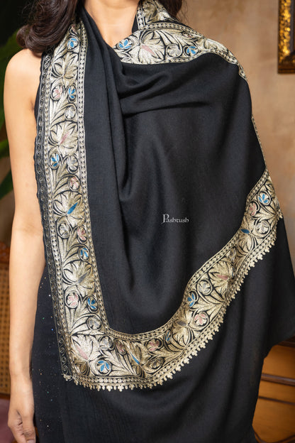 Pashtush India Womens Stoles and Scarves Scarf Pashtush Womens Fine Wool Stole, Nalki Embroidery Design, Black