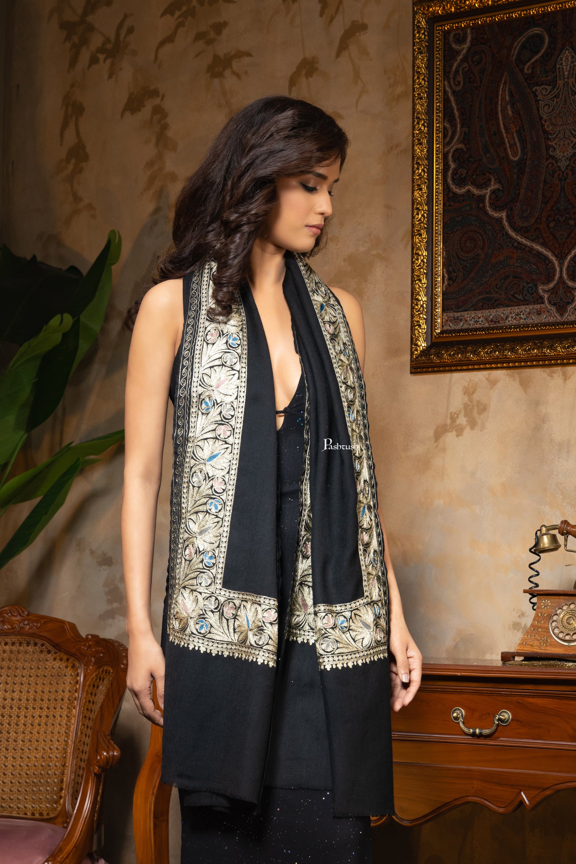 Pashtush India Womens Stoles and Scarves Scarf Pashtush Womens Fine Wool Stole, Nalki Embroidery Design, Black