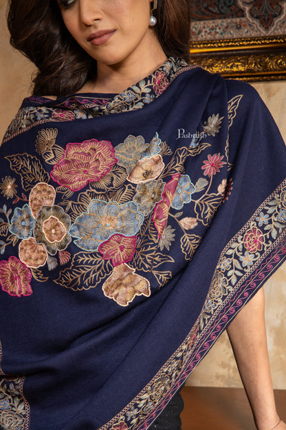 Pashtush India Womens Stoles and Scarves Scarf Pashtush Womens Fine Wool Stole, Nalki Embroidery  Design, Blue