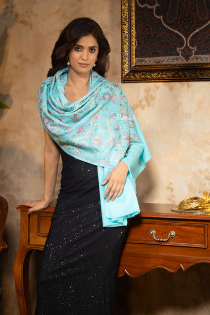 Pashtush India Womens Stoles and Scarves Scarf Pashtush Womens Fine Wool Stole, Nalki Embroidery  Design, Seagreen