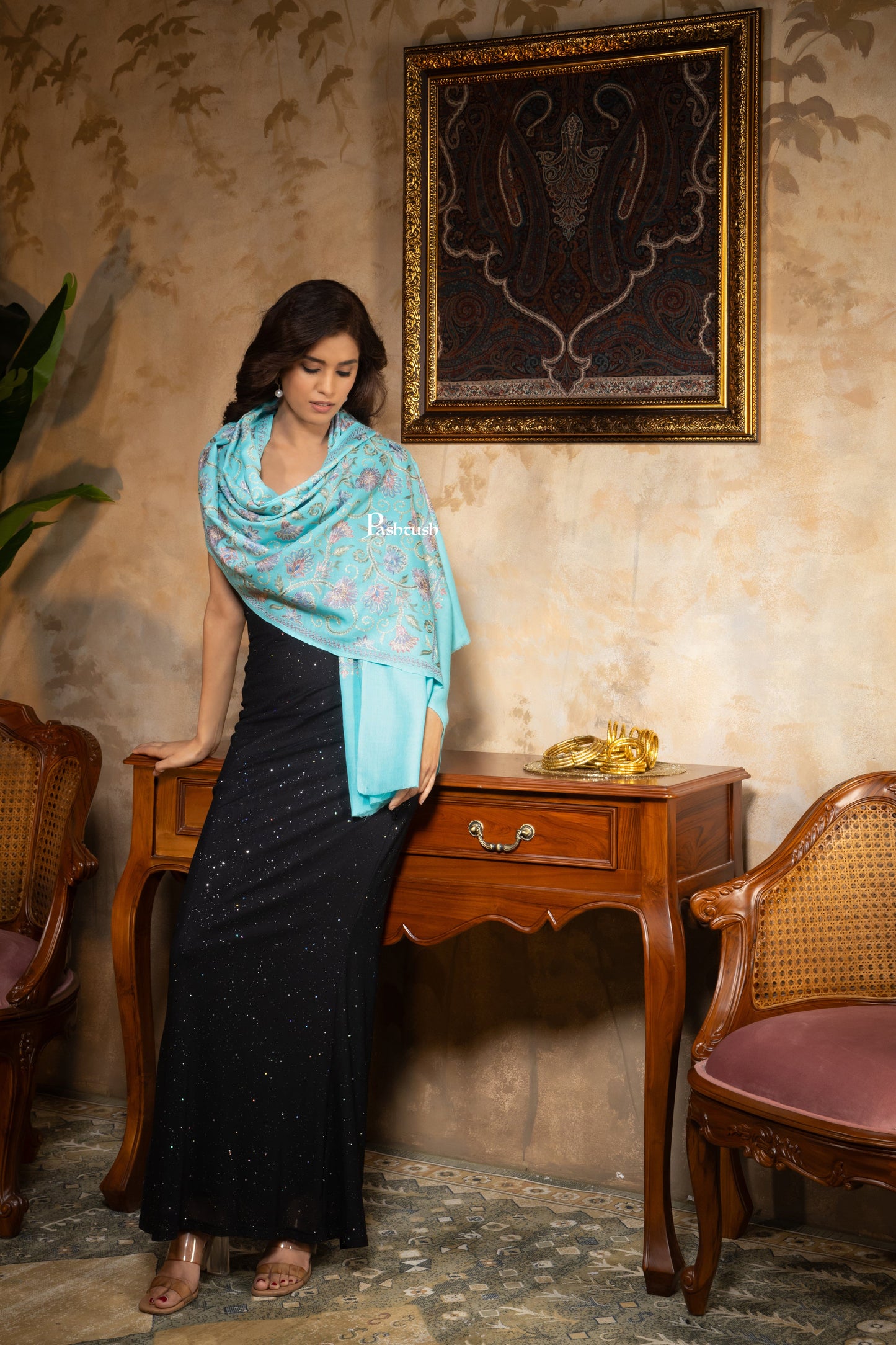 Pashtush India Womens Stoles and Scarves Scarf Pashtush Womens Fine Wool Stole, Nalki Embroidery  Design, Seagreen