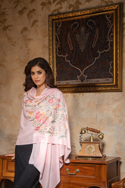Pashtush India Womens Stoles and Scarves Scarf Pashtush Womens Fine Wool Stole, Nalki Embroidery  Design, Soft Pink