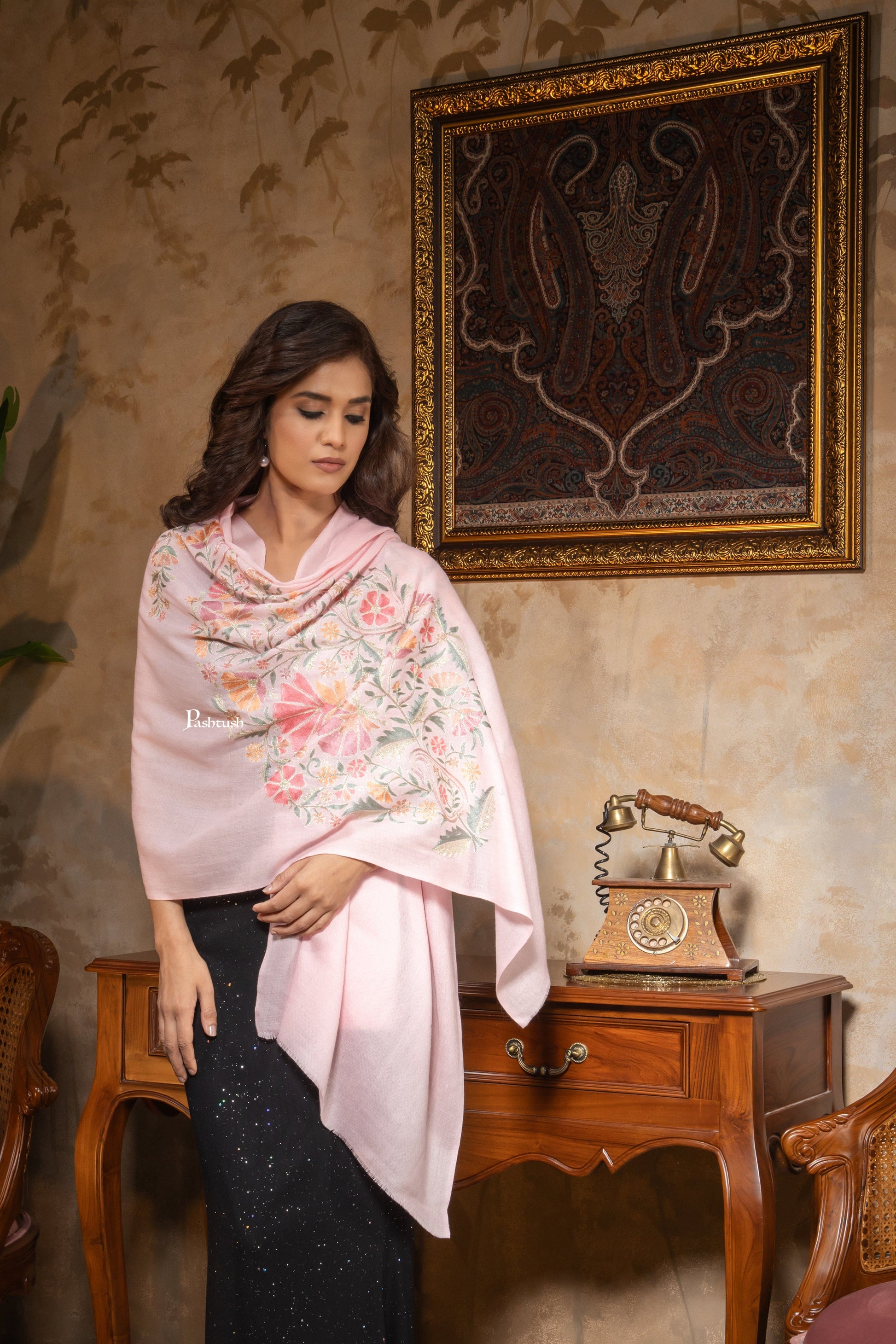 Pashtush India Womens Stoles and Scarves Scarf Pashtush Womens Fine Wool Stole, Nalki Embroidery  Design, Soft Pink