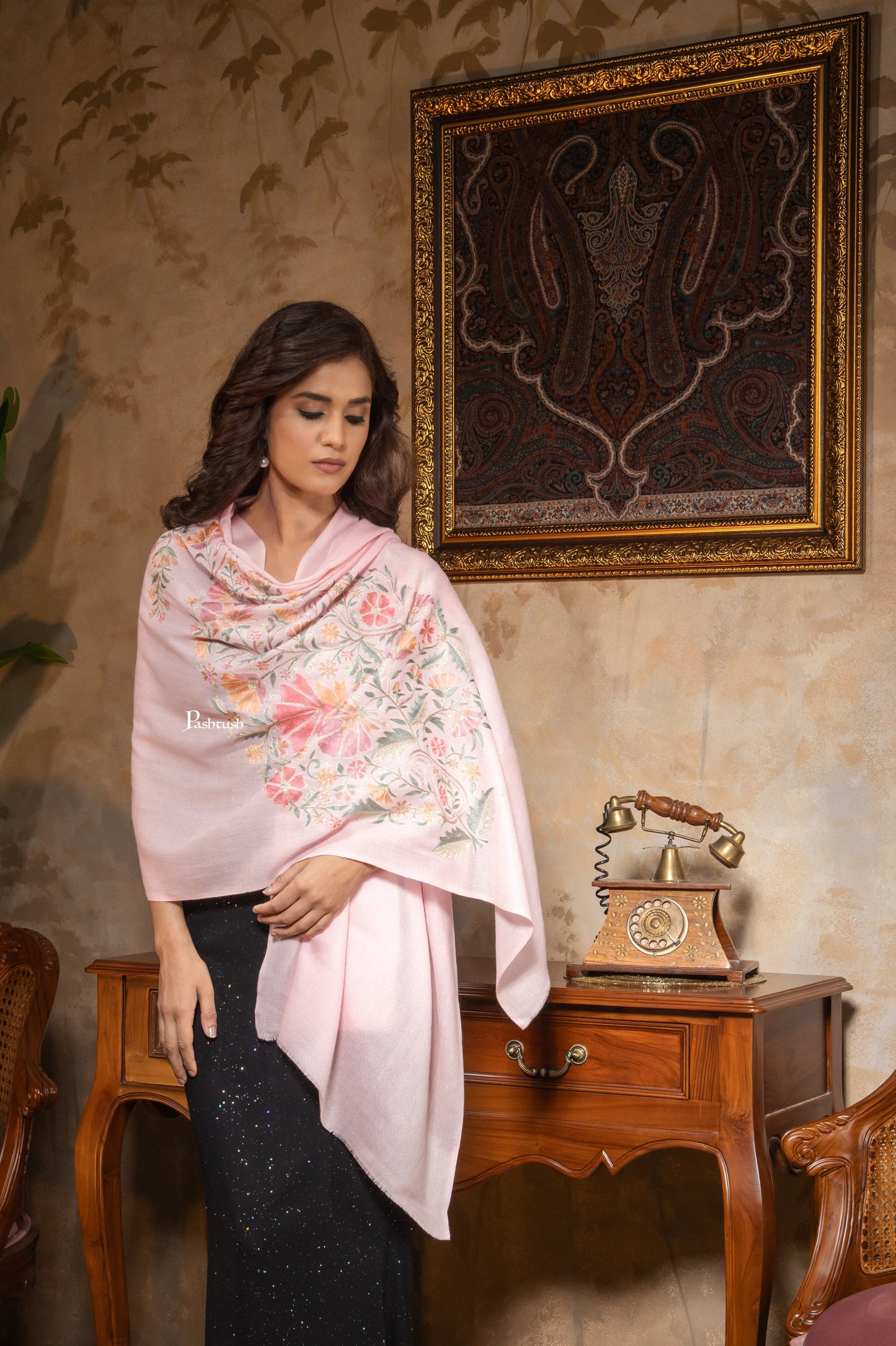 Pashtush India Womens Stoles and Scarves Scarf Pashtush Womens Fine Wool Stole, Nalki Embroidery  Design, Soft Pink