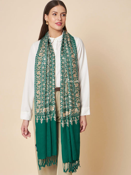 Pashtush India Womens Stoles and Scarves Scarf Pashtush Womens Fine Wool Stole, Nalki Embroidery With Paisleys Design, Bottle Green