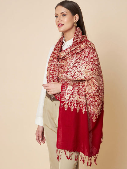Pashtush India Womens Stoles and Scarves Scarf Pashtush Womens Fine Wool Stole, Nalki Embroidery With Paisleys Design, Maroon