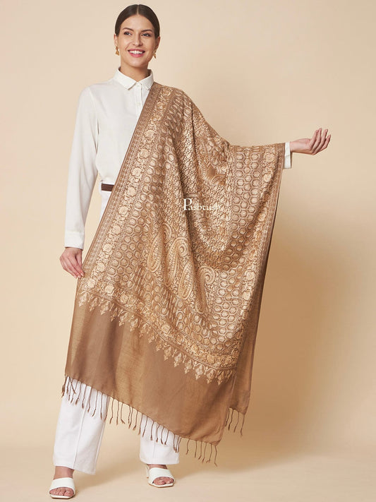 Pashtush India Womens Stoles and Scarves Scarf Pashtush Womens Fine Wool Stole, Nalki Embroidery With Paisleys Design, Taupe