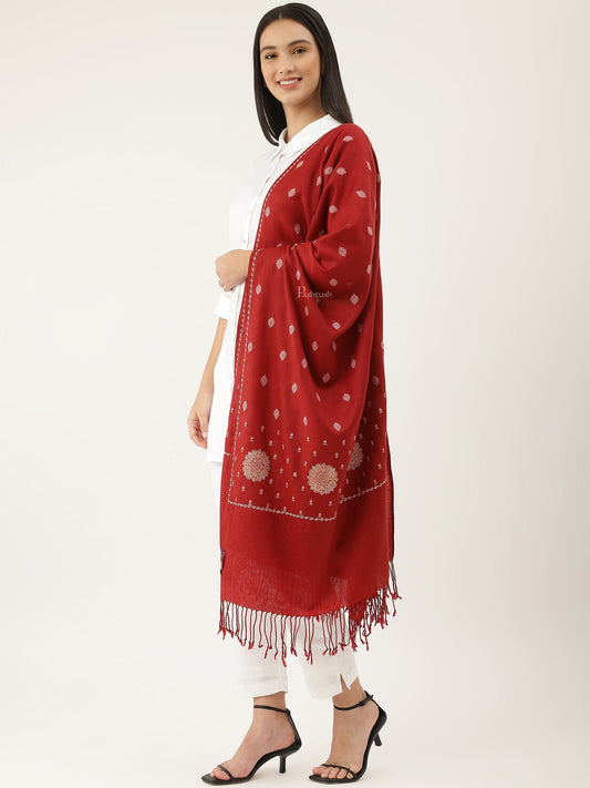 Pashtush India Womens Stoles and Scarves Scarf Pashtush womens Fine Wool Stole, Needlework Embroidery design, Maroon