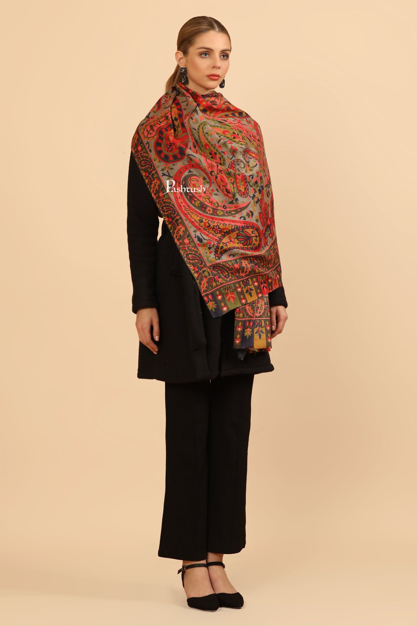 Pashtush India Womens Stoles and Scarves Scarf Pashtush Womens Fine Wool Stole, Paisley Design, Multicolour