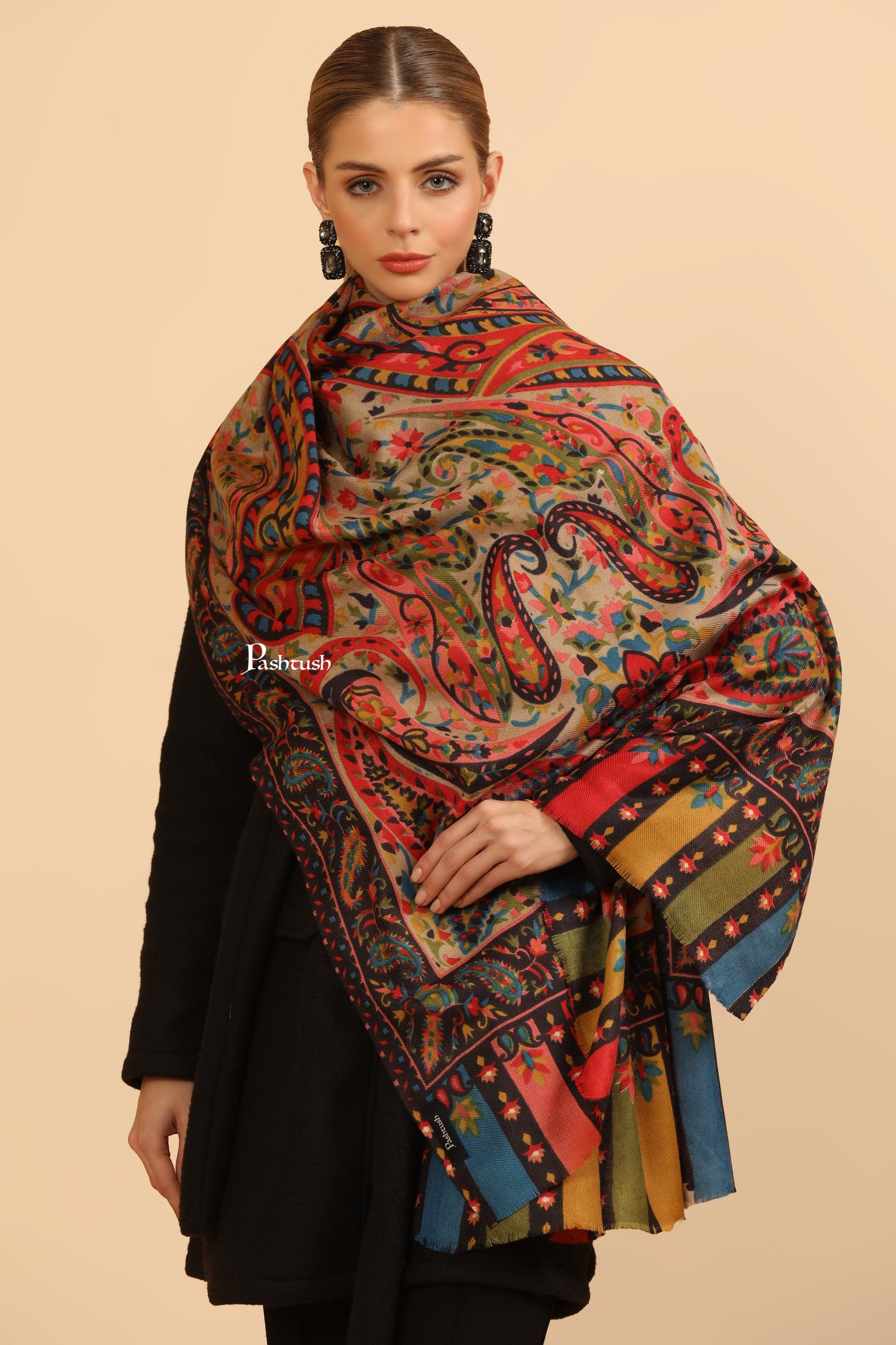 Pashtush India Womens Stoles Pashtush Womens Fine Wool Stole, Paisley Design, Multicolour