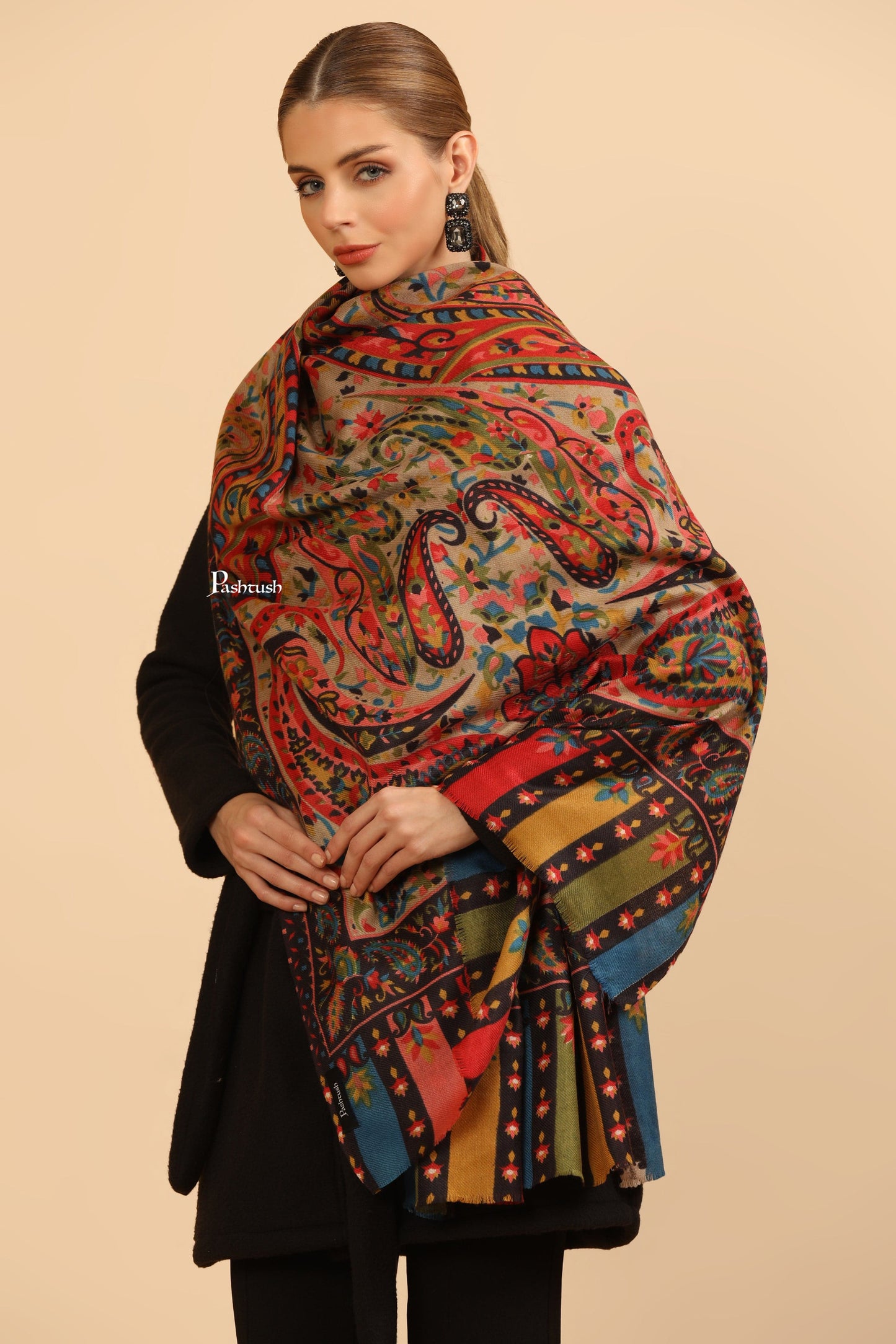 Pashtush India Womens Stoles Pashtush Womens Fine Wool Stole, Paisley Design, Multicolour