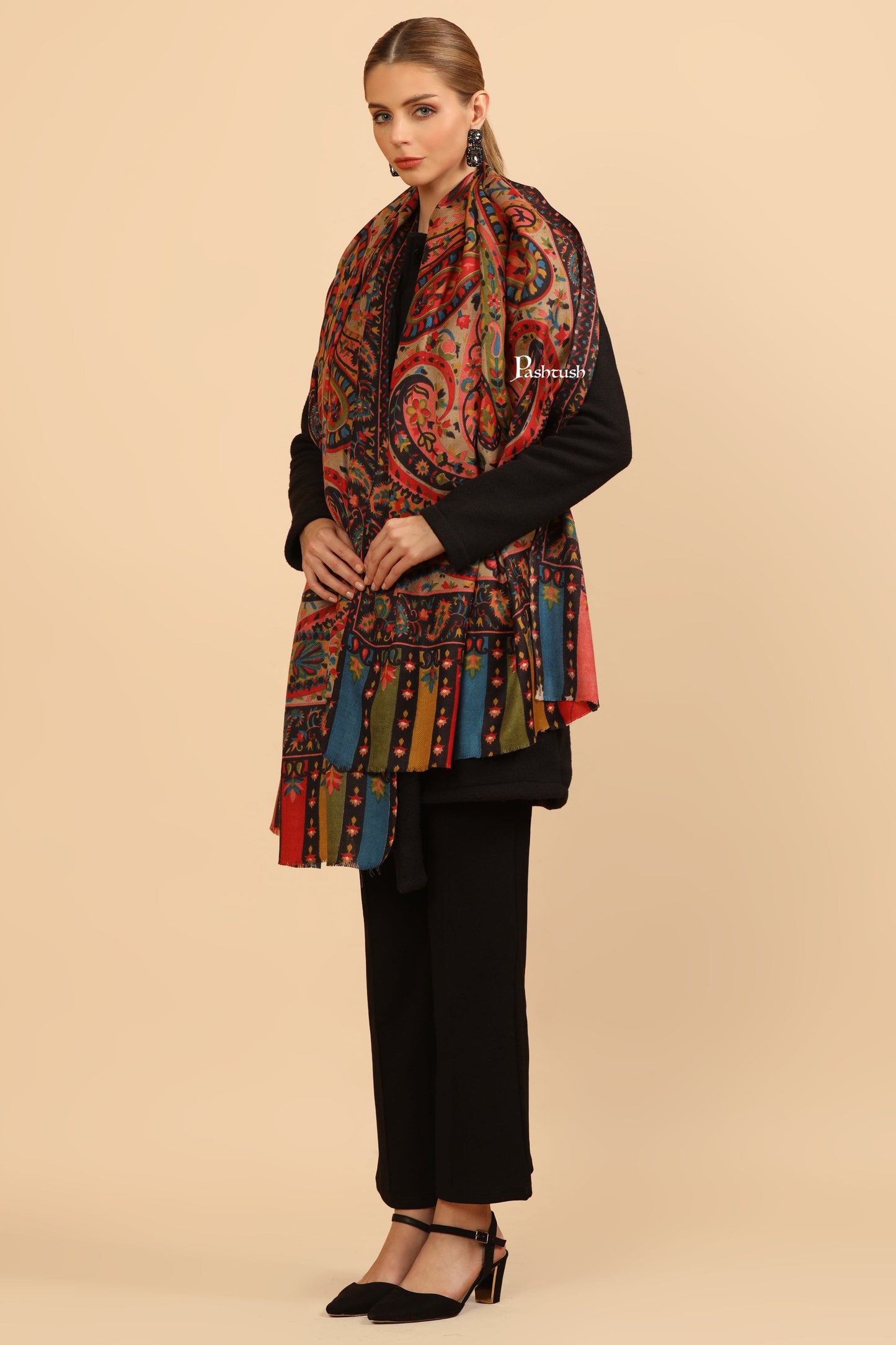 Pashtush India Womens Stoles Pashtush Womens Fine Wool Stole, Paisley Design, Multicolour