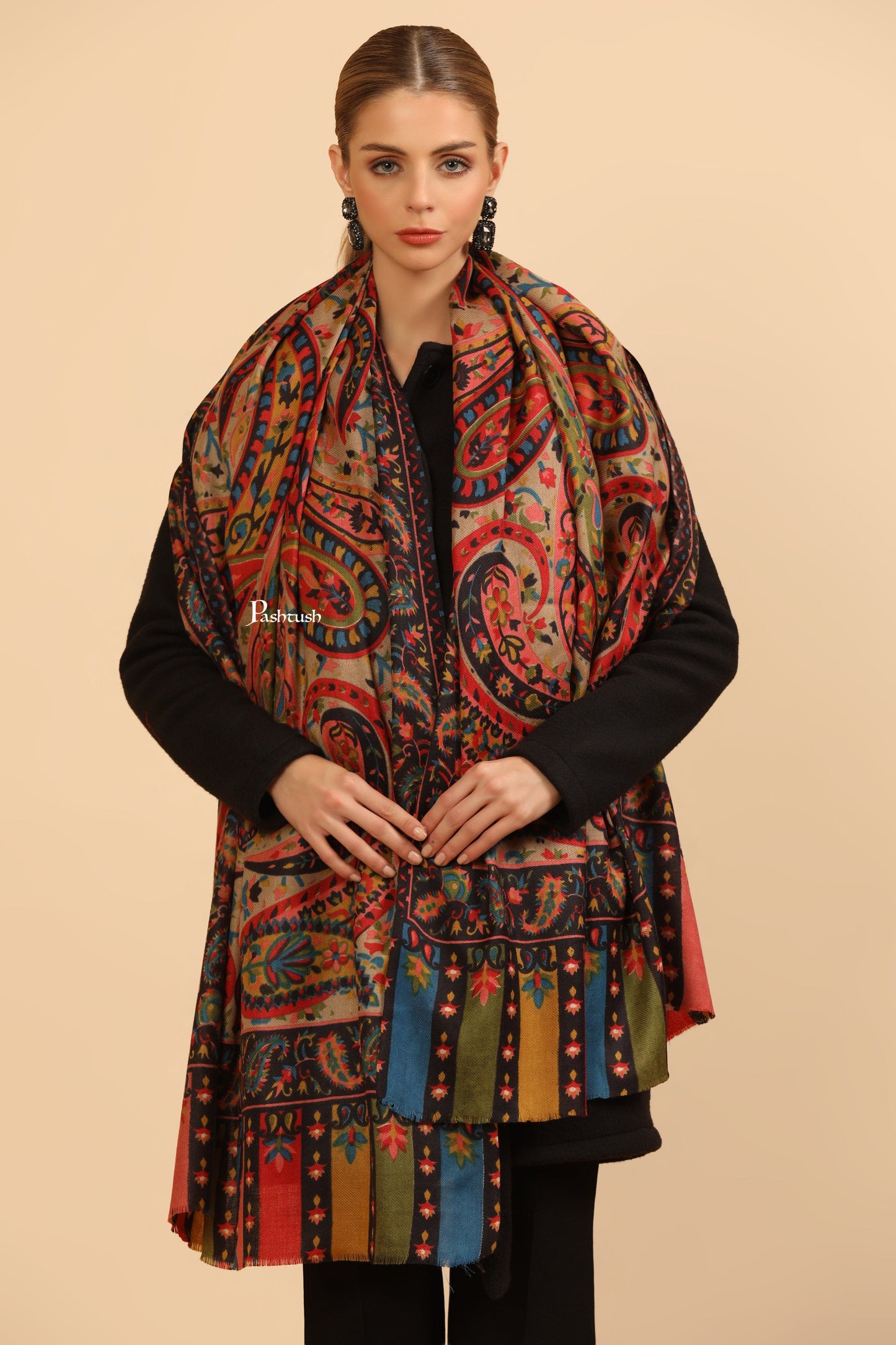 Pashtush India Womens Stoles Pashtush Womens Fine Wool Stole, Paisley Design, Multicolour