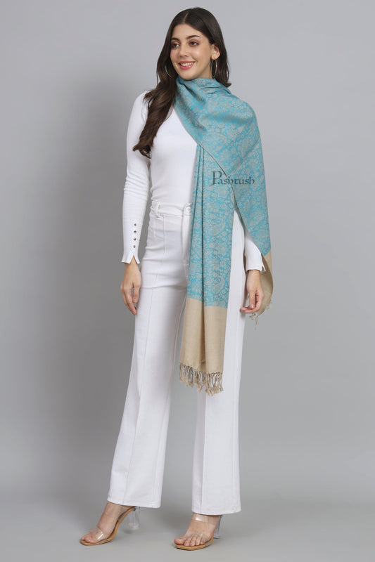 Pashtush India Womens Stoles and Scarves Scarf Pashtush Womens Fine Wool Stole, Self Paisley Weave, Woven Design, Arabic Sea Blue