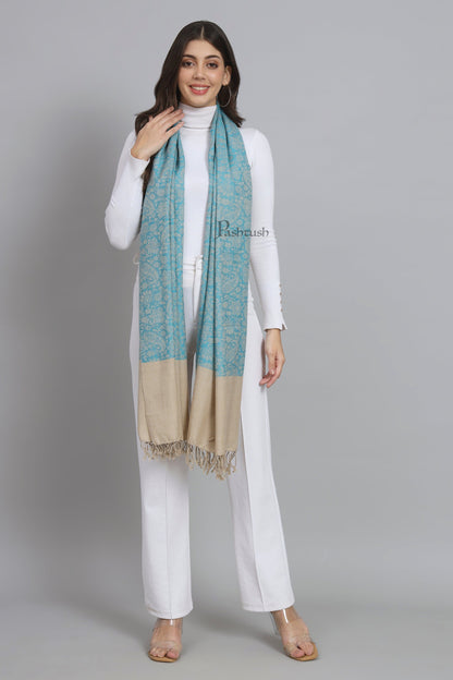 Pashtush India Womens Stoles and Scarves Scarf Pashtush Womens Fine Wool Stole, Self Paisley Weave, Woven Design, Arabic Sea Blue