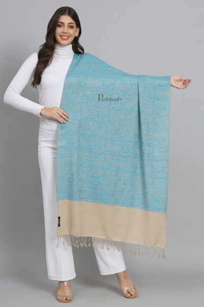 Pashtush India Womens Stoles and Scarves Scarf Pashtush Womens Fine Wool Stole, Self Paisley Weave, Woven Design, Arabic Sea Blue