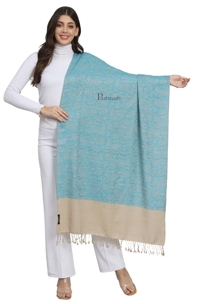 Pashtush India Womens Stoles and Scarves Scarf Pashtush Womens Fine Wool Stole, Self Paisley Weave, Woven Design, Arabic Sea Blue