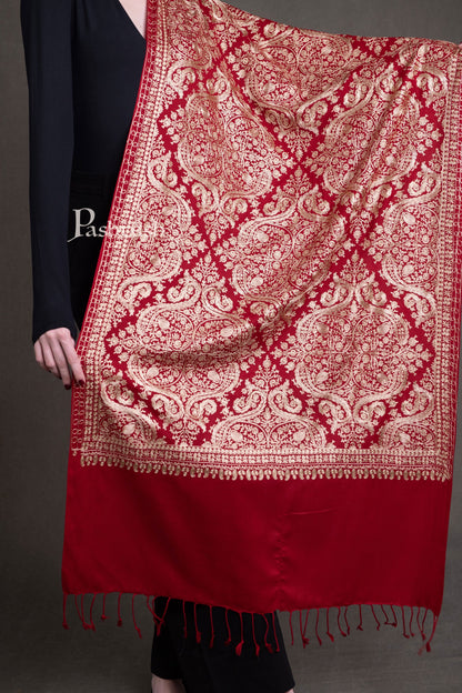 Pashtush India Womens Stoles and Scarves Scarf Pashtush Womens Fine Wool Stole, Silky Thread Nalki Embroidery Design, Red