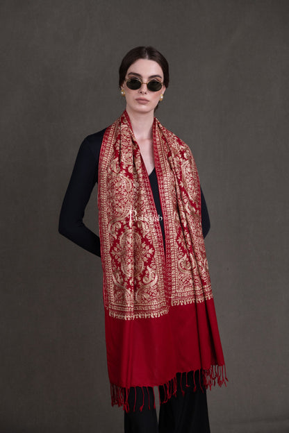 Pashtush India Womens Stoles and Scarves Scarf Pashtush Womens Fine Wool Stole, Silky Thread Nalki Embroidery Design, Red