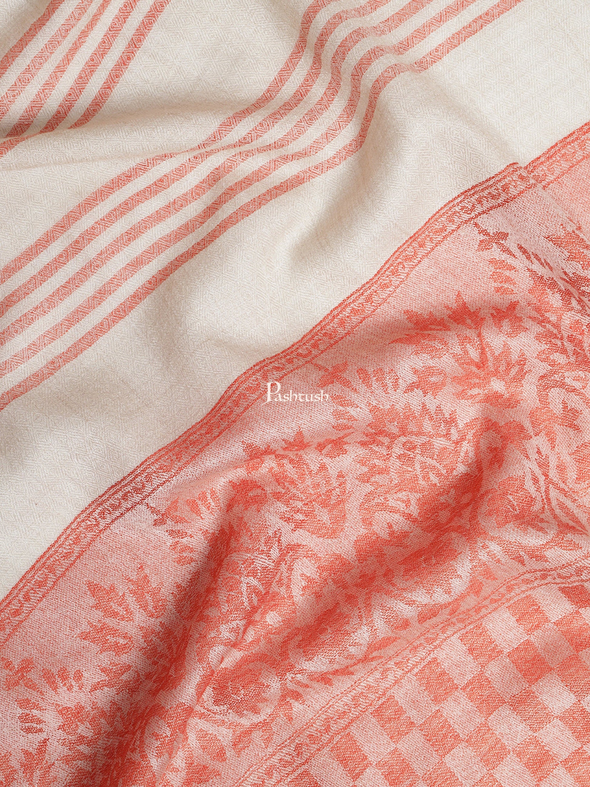 Pashtush India Womens Stoles and Scarves Scarf Pashtush Womens Fine Wool Stole, Striped Weave, Beige and Rust