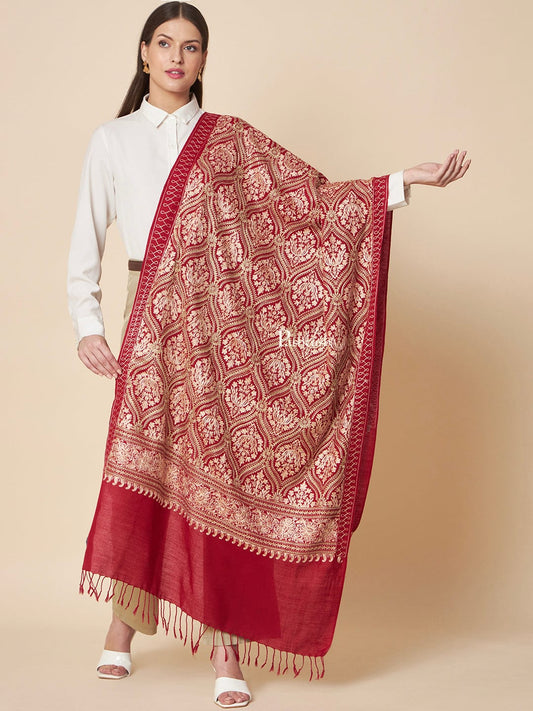 Pashtush India Womens Stoles and Scarves Scarf Pashtush Womens Fine Wool Stole, Tonal Nalki Embroidery Design, Maroon