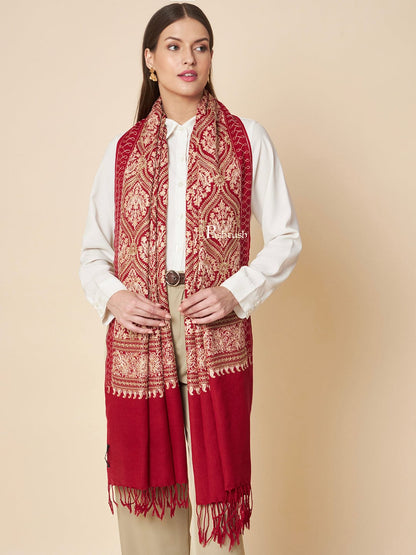 Pashtush India Womens Stoles and Scarves Scarf Pashtush Womens Fine Wool Stole, Tonal Nalki Embroidery Design, Maroon