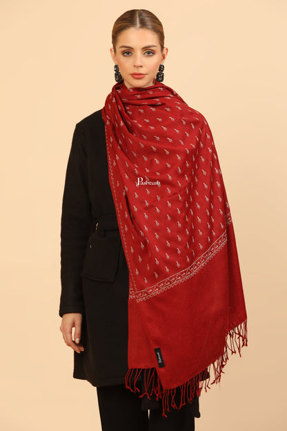 Pashtush India Womens Stoles Pashtush Womens Fine Wool Stole, Tone On Tone Embroidery Design, Maroon