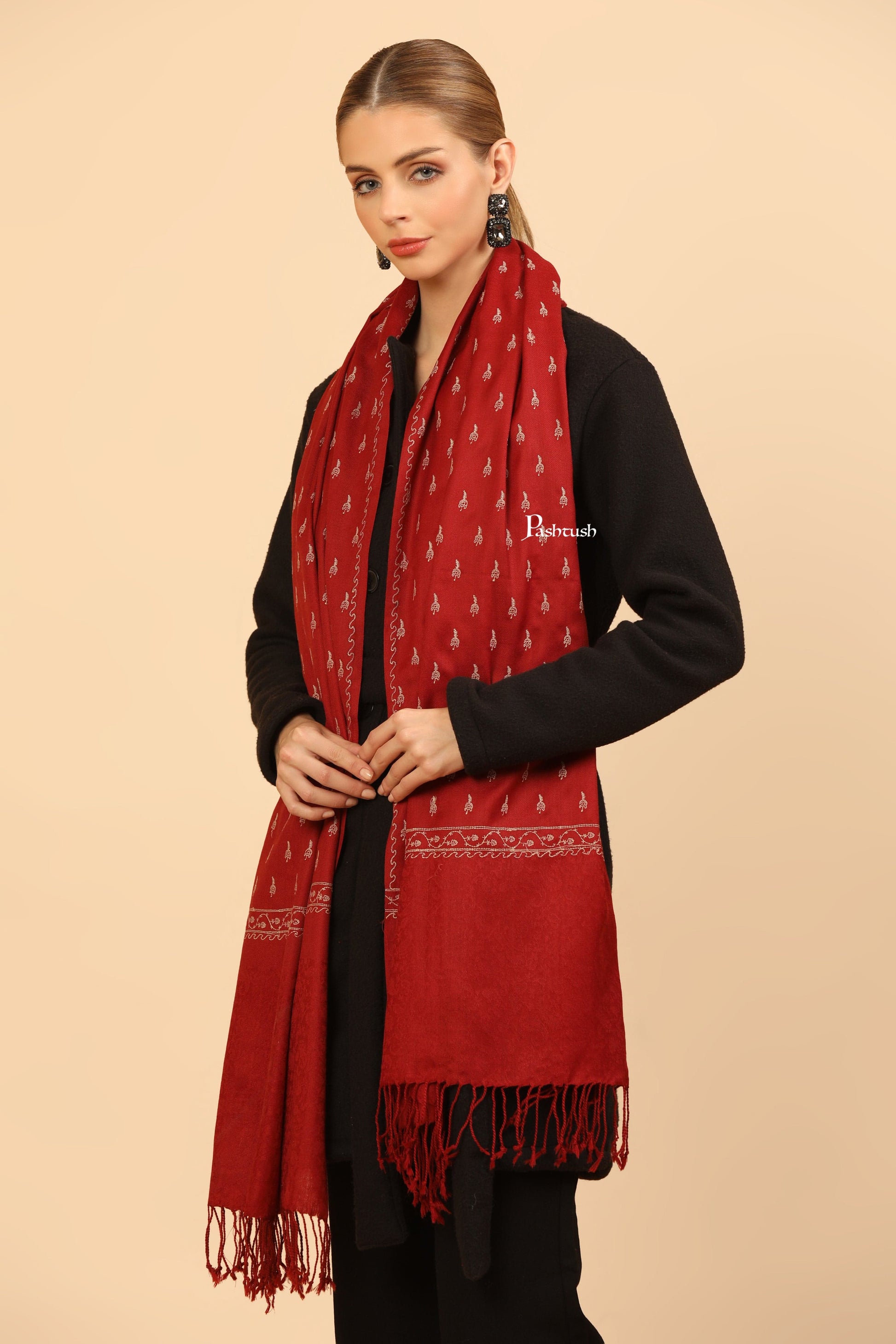 Pashtush India Womens Stoles Pashtush Womens Fine Wool Stole, Tone On Tone Embroidery Design, Maroon