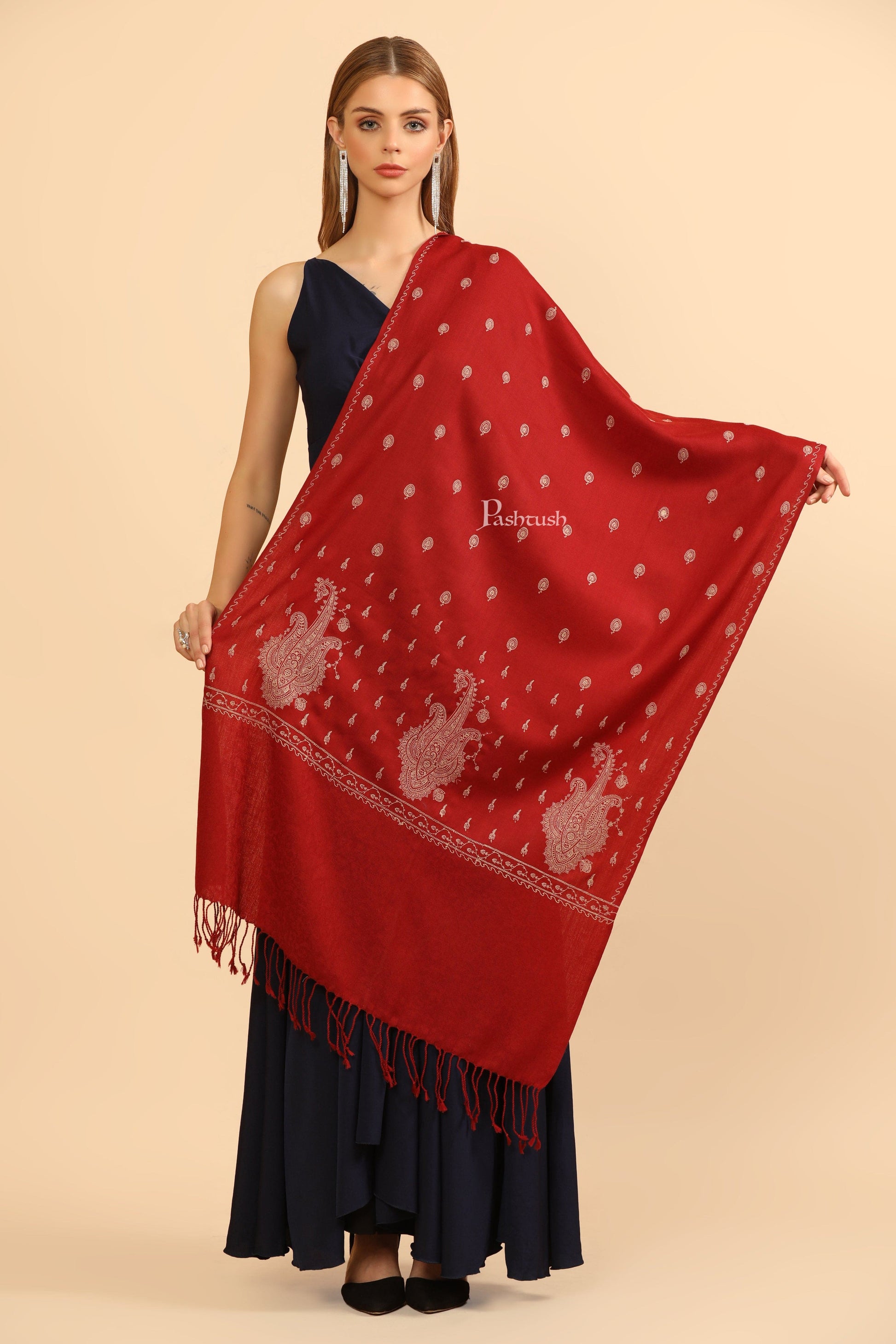 Pashtush India Womens Stoles Pashtush Womens Fine Wool Stole, Tone On Tone Embroidery Design, Maroon