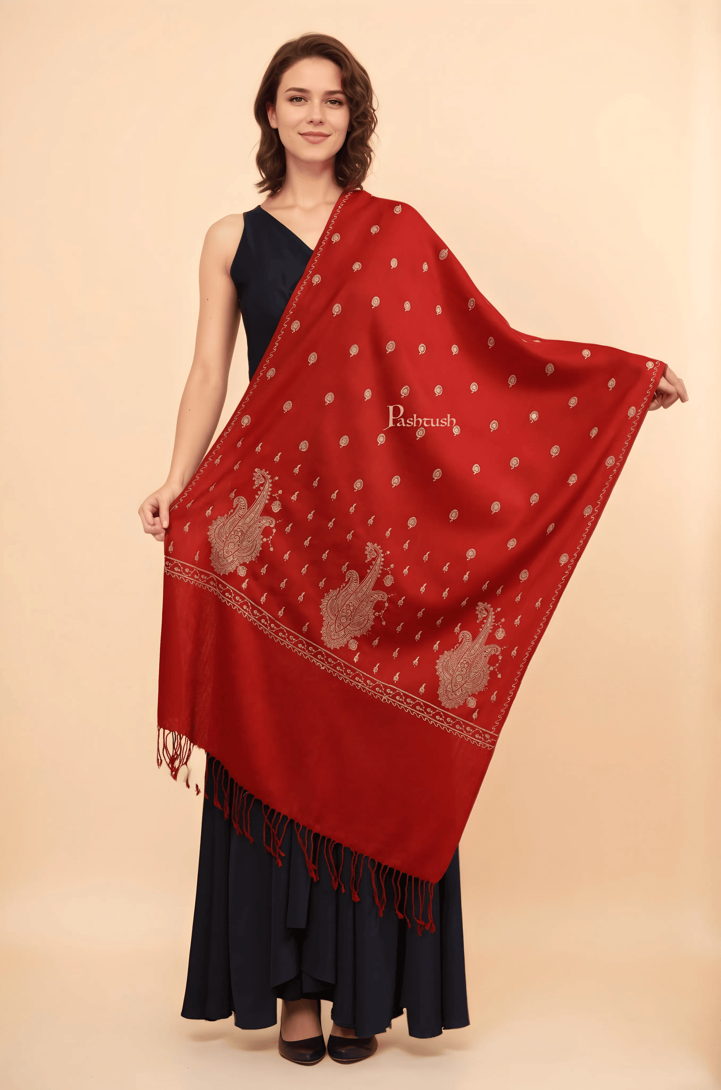 Pashtush India Womens Stoles Pashtush Womens Fine Wool Stole, Tone On Tone Embroidery Design, Maroon