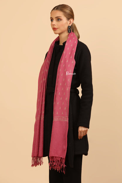 Pashtush India Womens Stoles Pashtush Womens Fine Wool Stole, Tone On Tone Embroidery Design, Pink