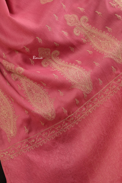 Pashtush India Womens Stoles Pashtush Womens Fine Wool Stole, Tone On Tone Embroidery Design, Pink