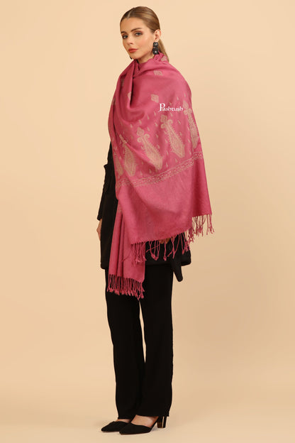 Pashtush India Womens Stoles Pashtush Womens Fine Wool Stole, Tone On Tone Embroidery Design, Pink