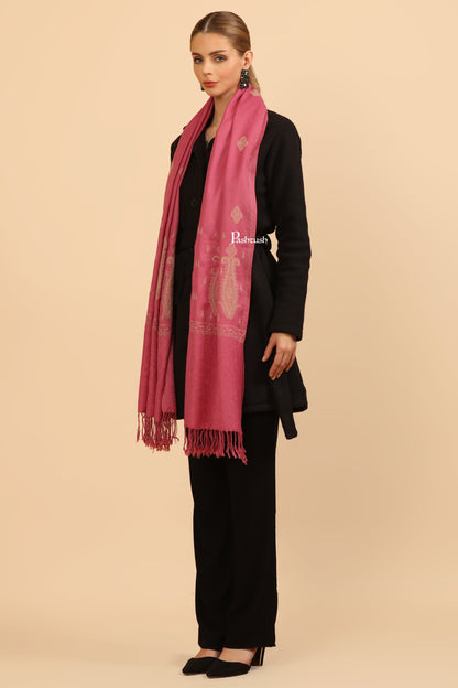 Pashtush India Womens Stoles Pashtush Womens Fine Wool Stole, Tone On Tone Embroidery Design, Pink