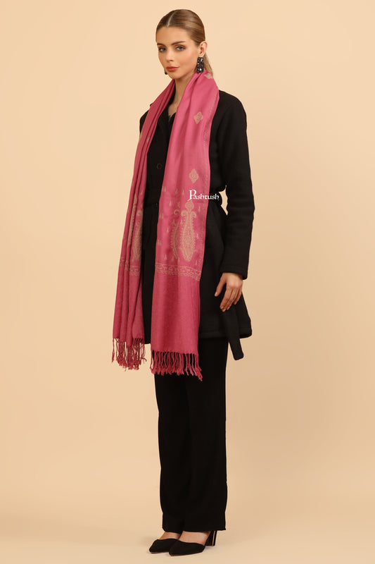 Pashtush India Womens Stoles Pashtush Womens Fine Wool Stole, Tone On Tone Embroidery Design, Pink