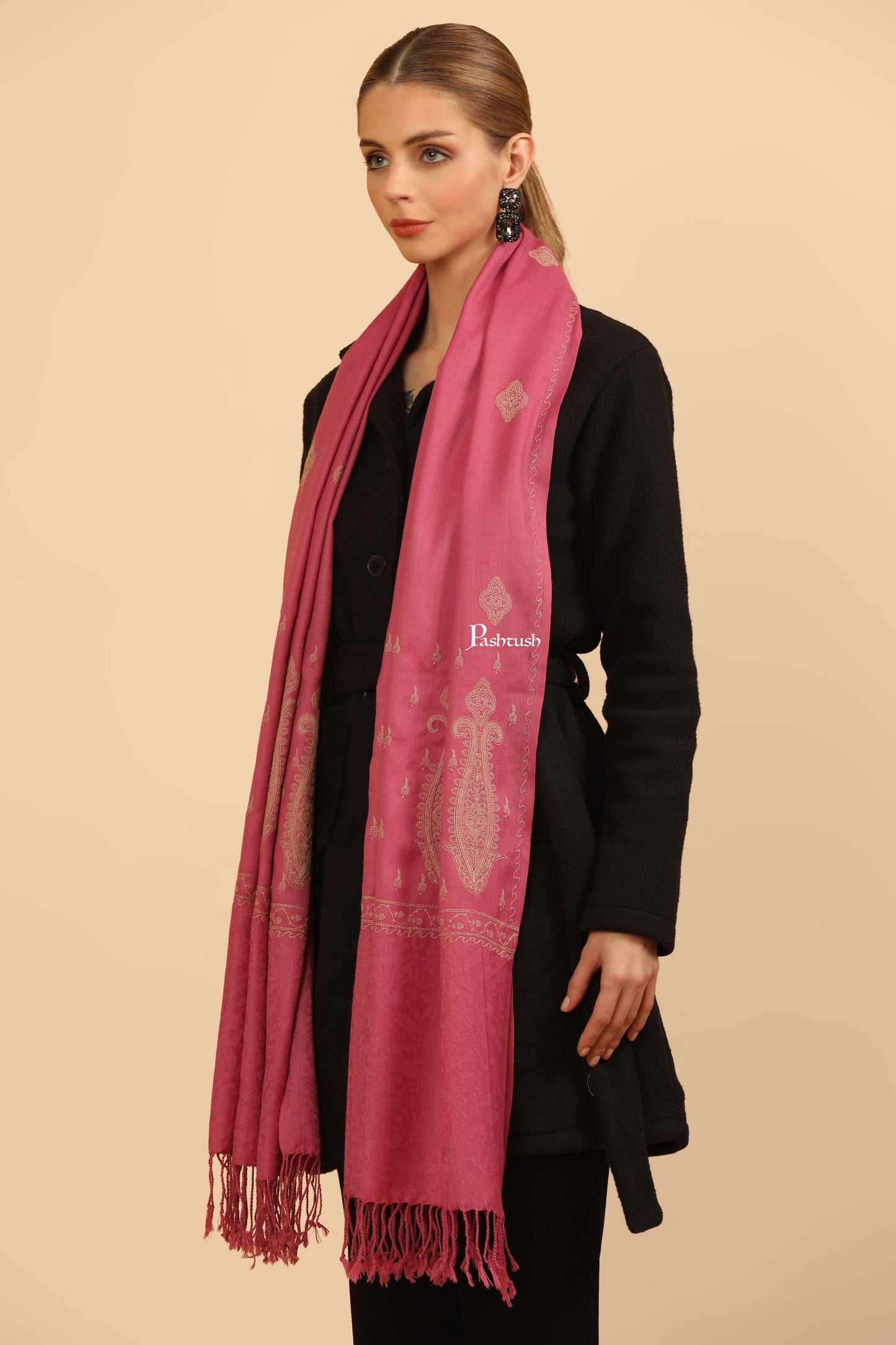 Pashtush India Womens Stoles Pashtush Womens Fine Wool Stole, Tone On Tone Embroidery Design, Pink