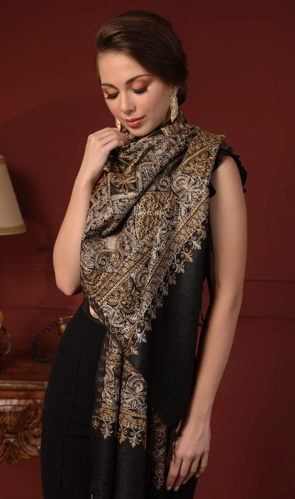 Pashtush India 70x200 Pashtush Womens Fine Wool Stole with Nalki Embroidery, Black