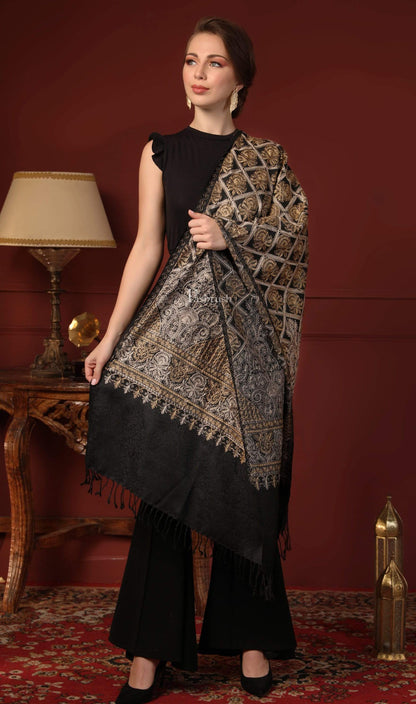 Pashtush India 70x200 Pashtush Womens Fine Wool Stole with Nalki Embroidery, Black