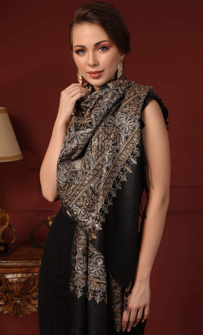 Pashtush India 70x200 Pashtush Womens Fine Wool Stole with Nalki Embroidery, Black