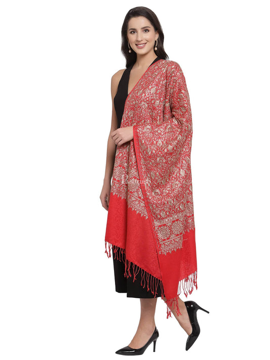 Pashtush India Womens Stoles and Scarves Scarf Pashtush Womens Fine Wool Stole With Nalki Embroidery, Red