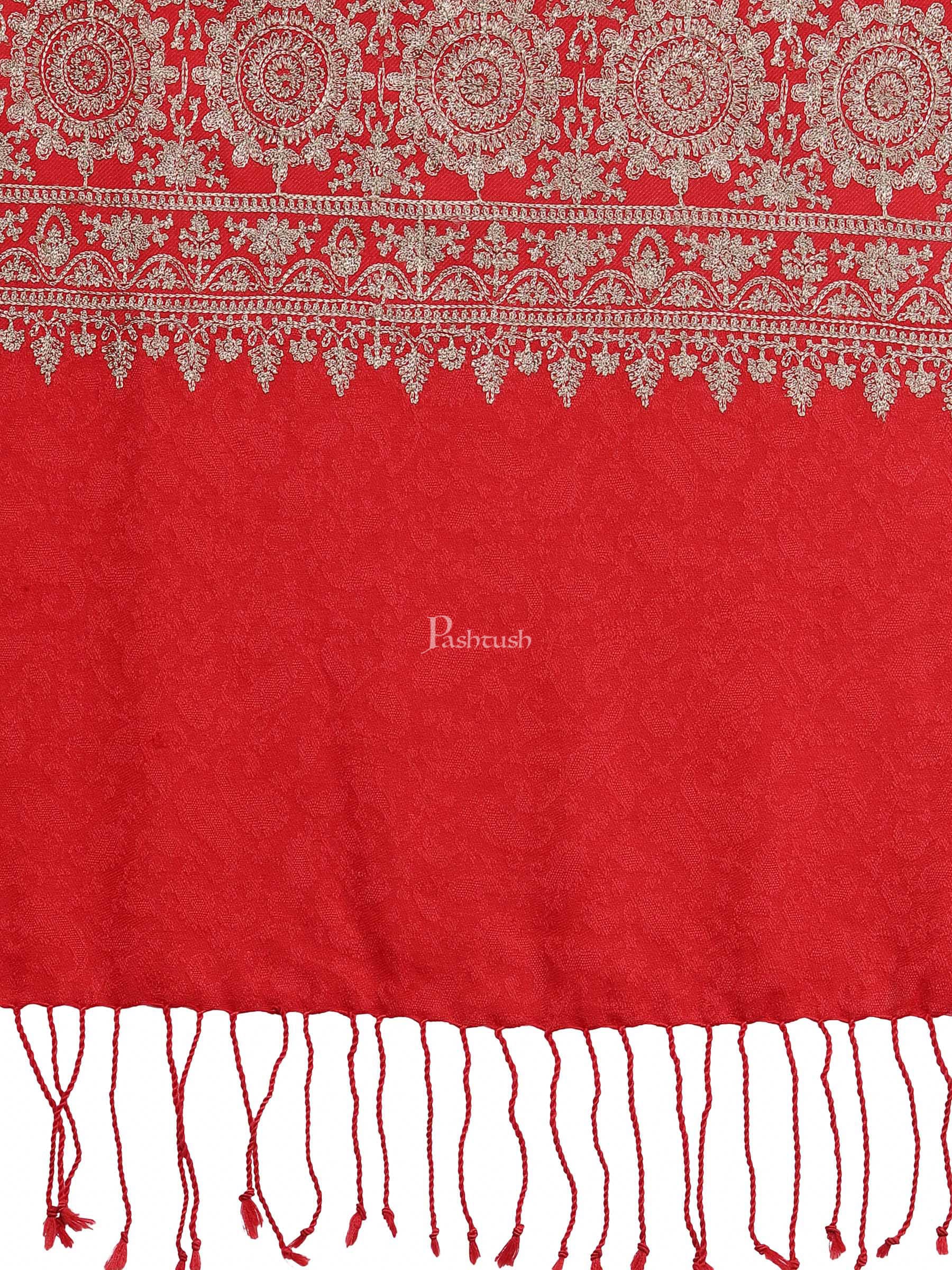 Pashtush India Womens Stoles and Scarves Scarf Pashtush Womens Fine Wool Stole With Nalki Embroidery, Red