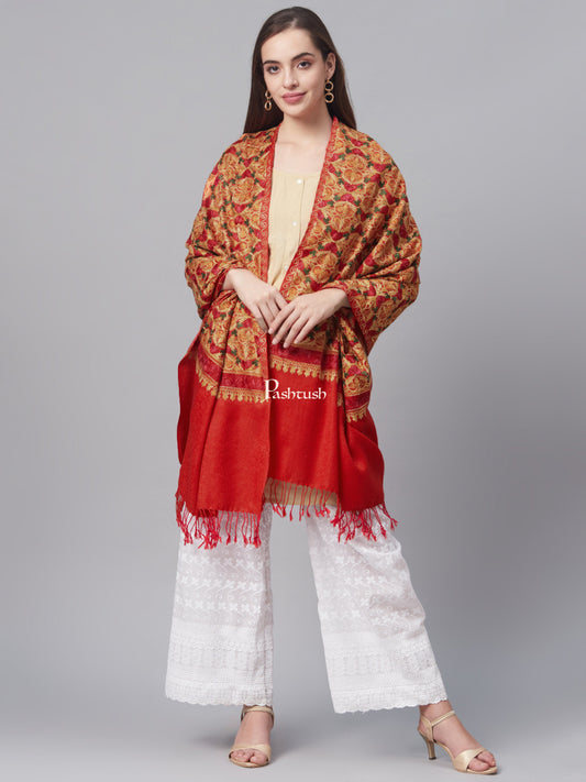 Pashtush India Womens Stoles and Scarves Scarf Pashtush Womens Fine Wool Stole With Nalki Embroidery, Red