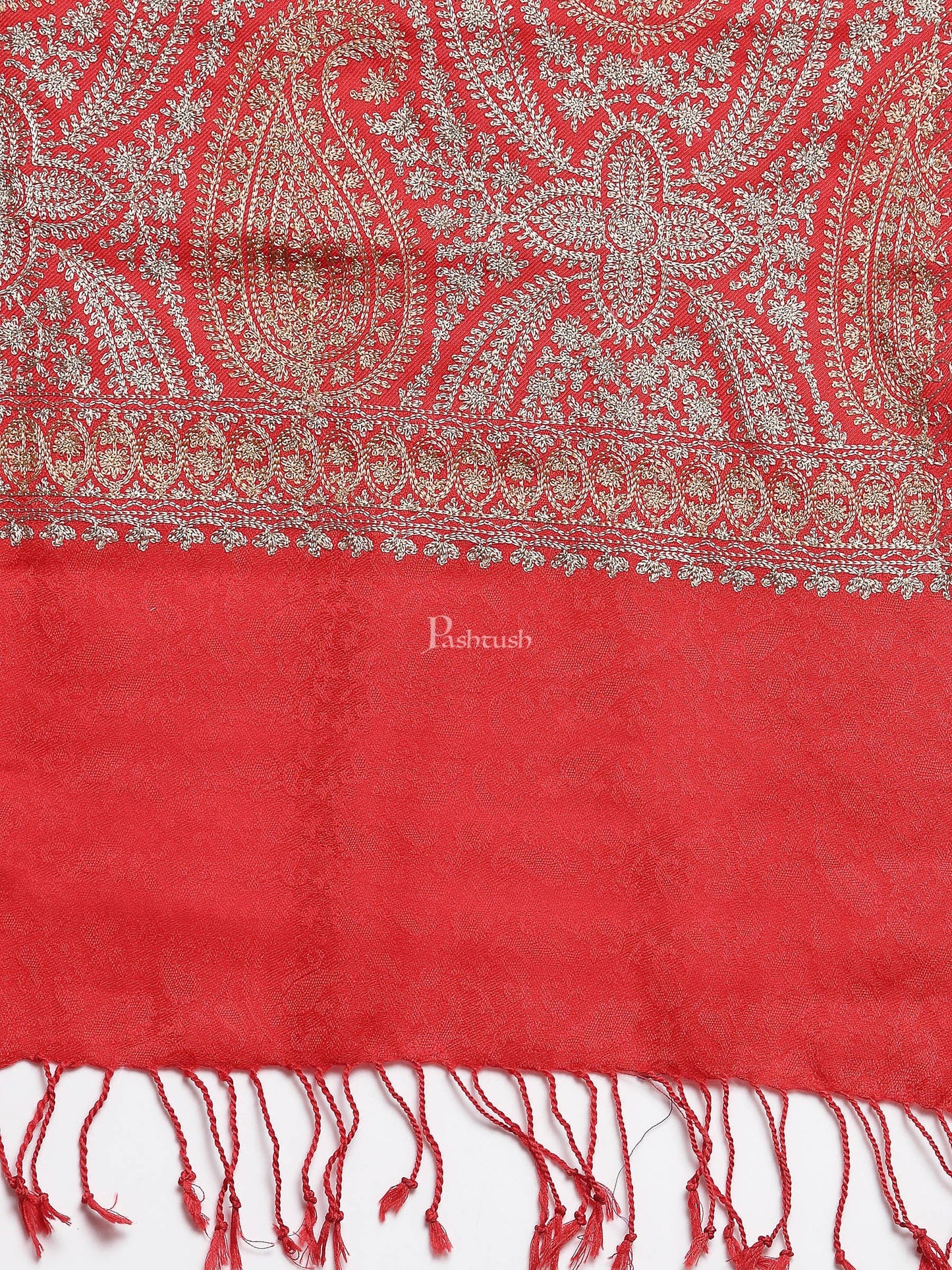 Pashtush India Womens Stoles and Scarves Scarf Pashtush Womens Fine Wool Stole, With Silky Nalki Embroidery, Self Weave, Crimson Red